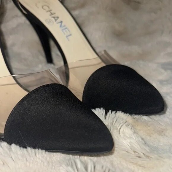CHANEL Black & Transparent Ankle Strap Heels Size 37.5/ US 7 Made In Italy - Picture 2 of 14